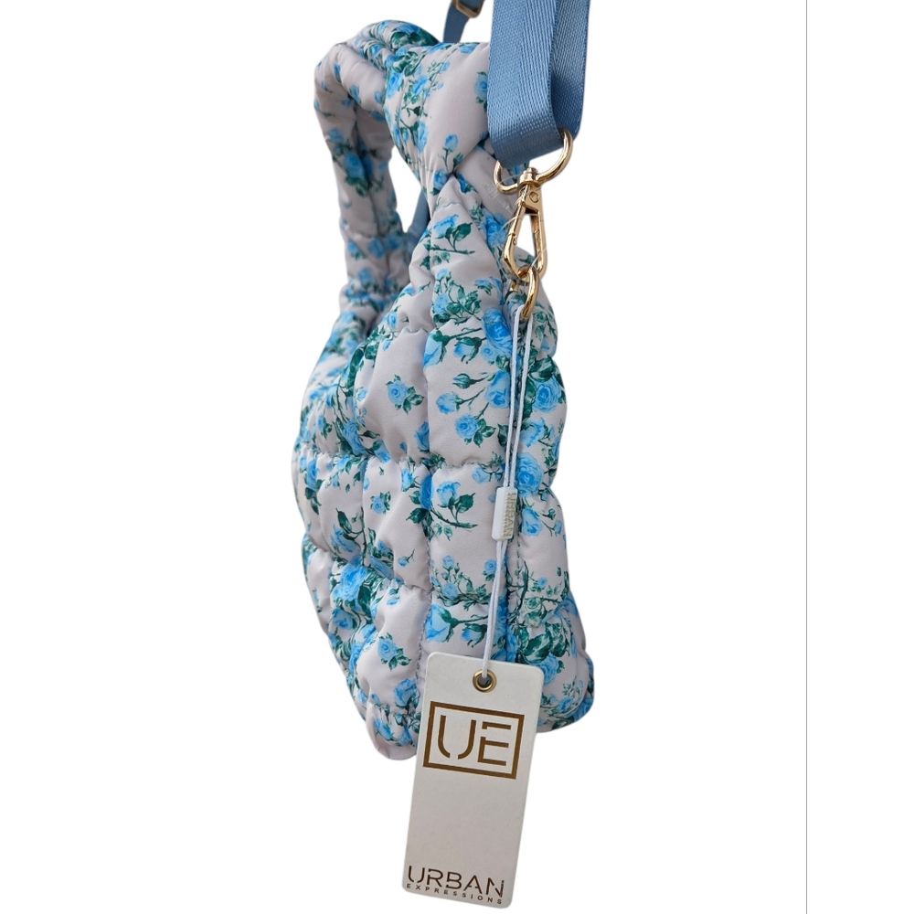 Urban Expressions Blue Floral Quilted Puffer Satchel Bag Convert To Crossbody - Picture 4 of 5